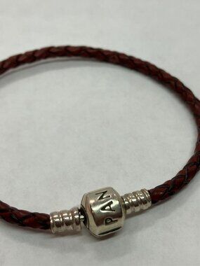 PANDORA 925 Sterling Silver Braided Leather Single Wrap Bracelet RED, 7"